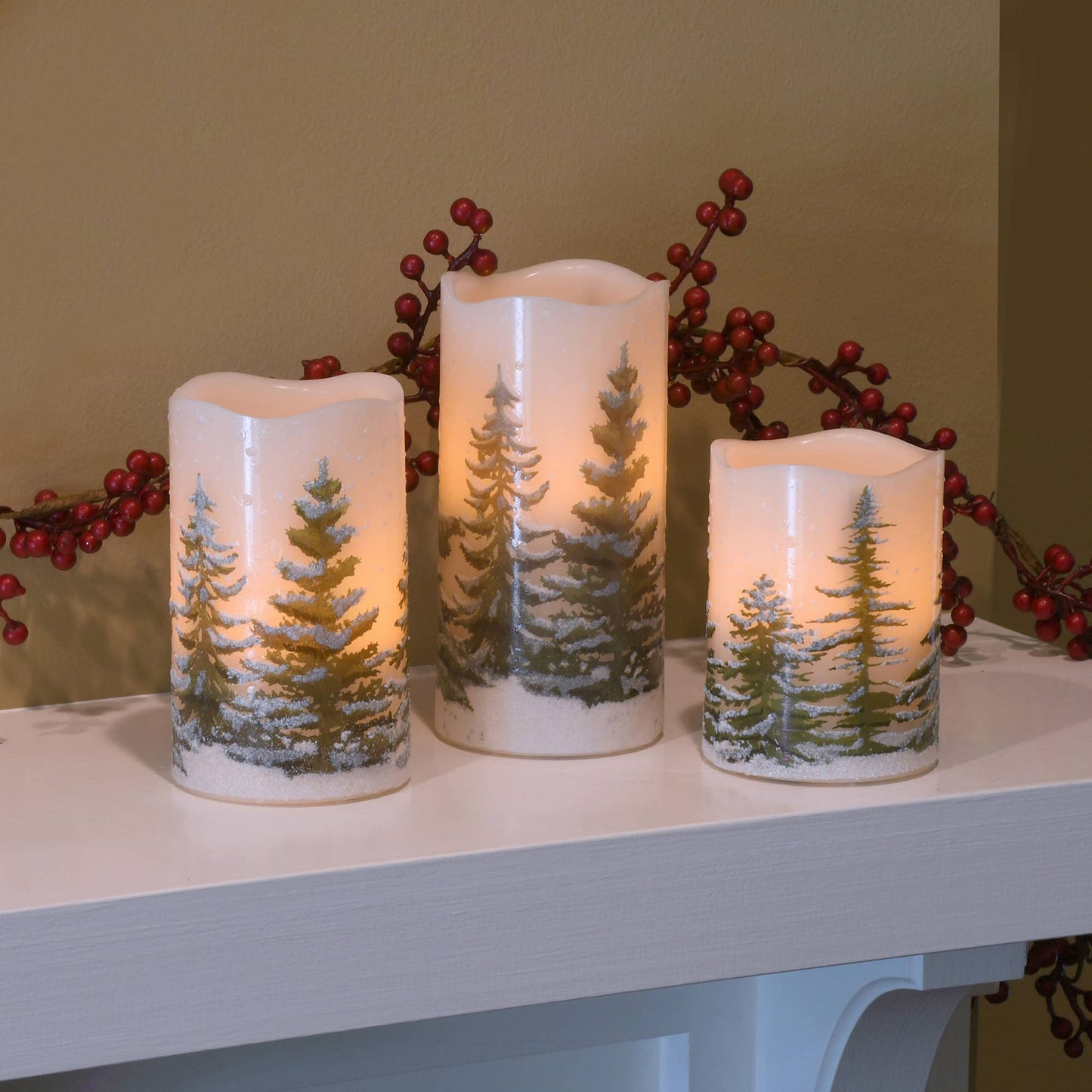 Battery Operated LED Wax Candles, Green Pines - Set of 3