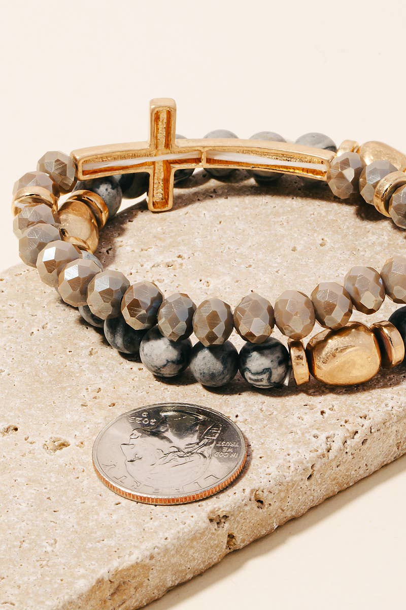 Cross Charm Stone Beaded Bracelet Set