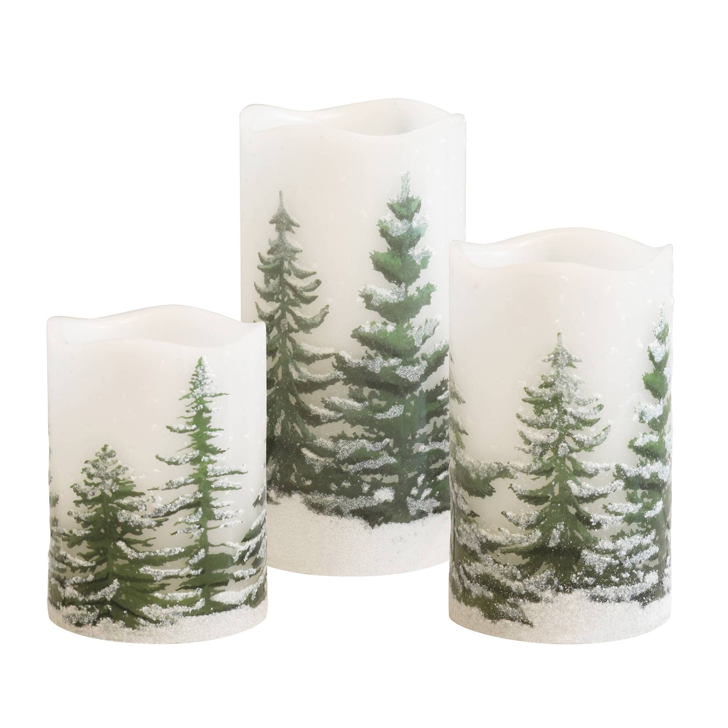 Battery Operated LED Wax Candles, Green Pines - Set of 3