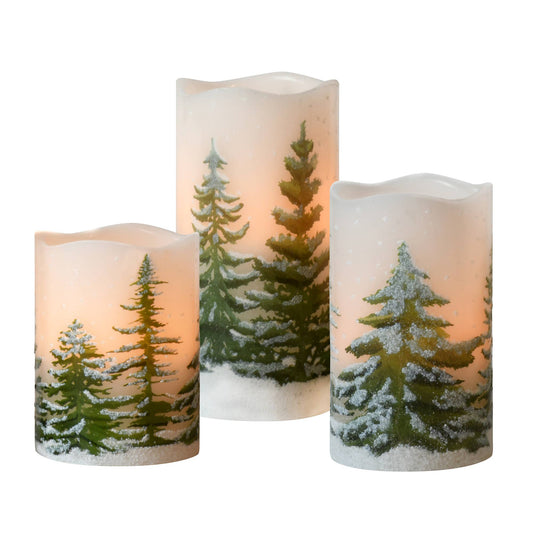 Battery Operated LED Wax Candles, Green Pines - Set of 3