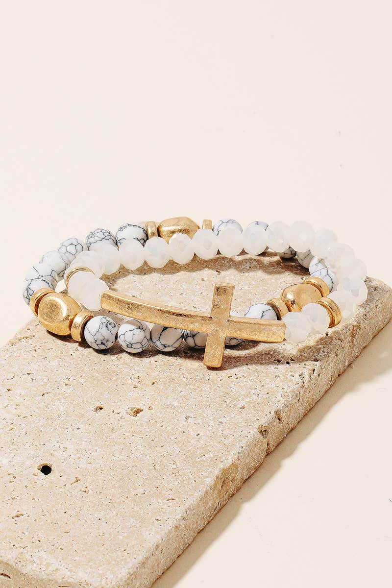 Cross Charm Stone Beaded Bracelet Set