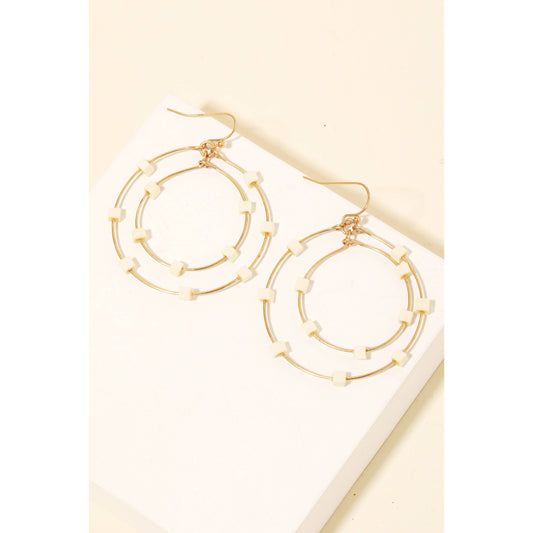 Wood Cube Bead Layered Hoop Drop Earrings