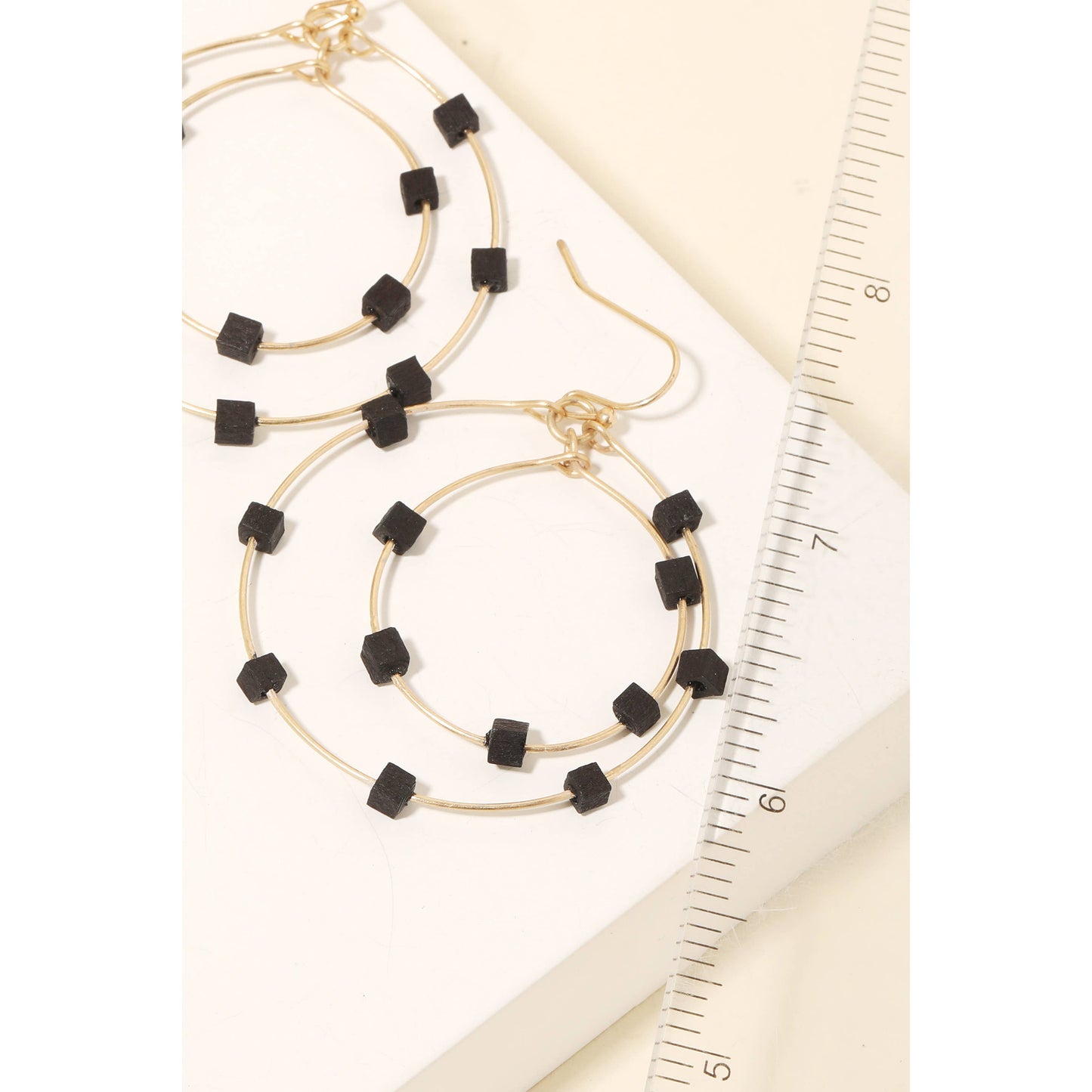 Wood Cube Bead Layered Hoop Drop Earrings