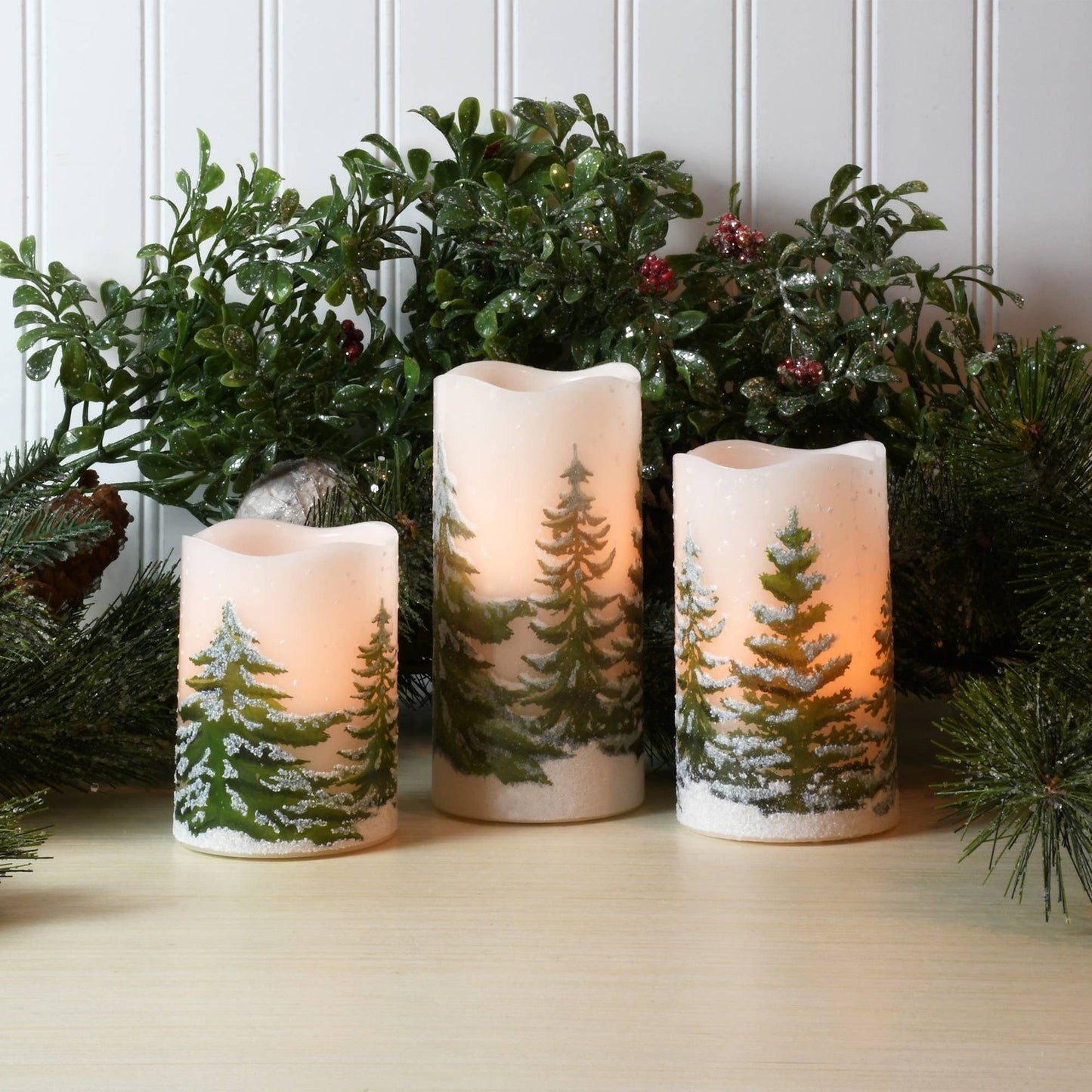 Battery Operated LED Wax Candles, Green Pines - Set of 3