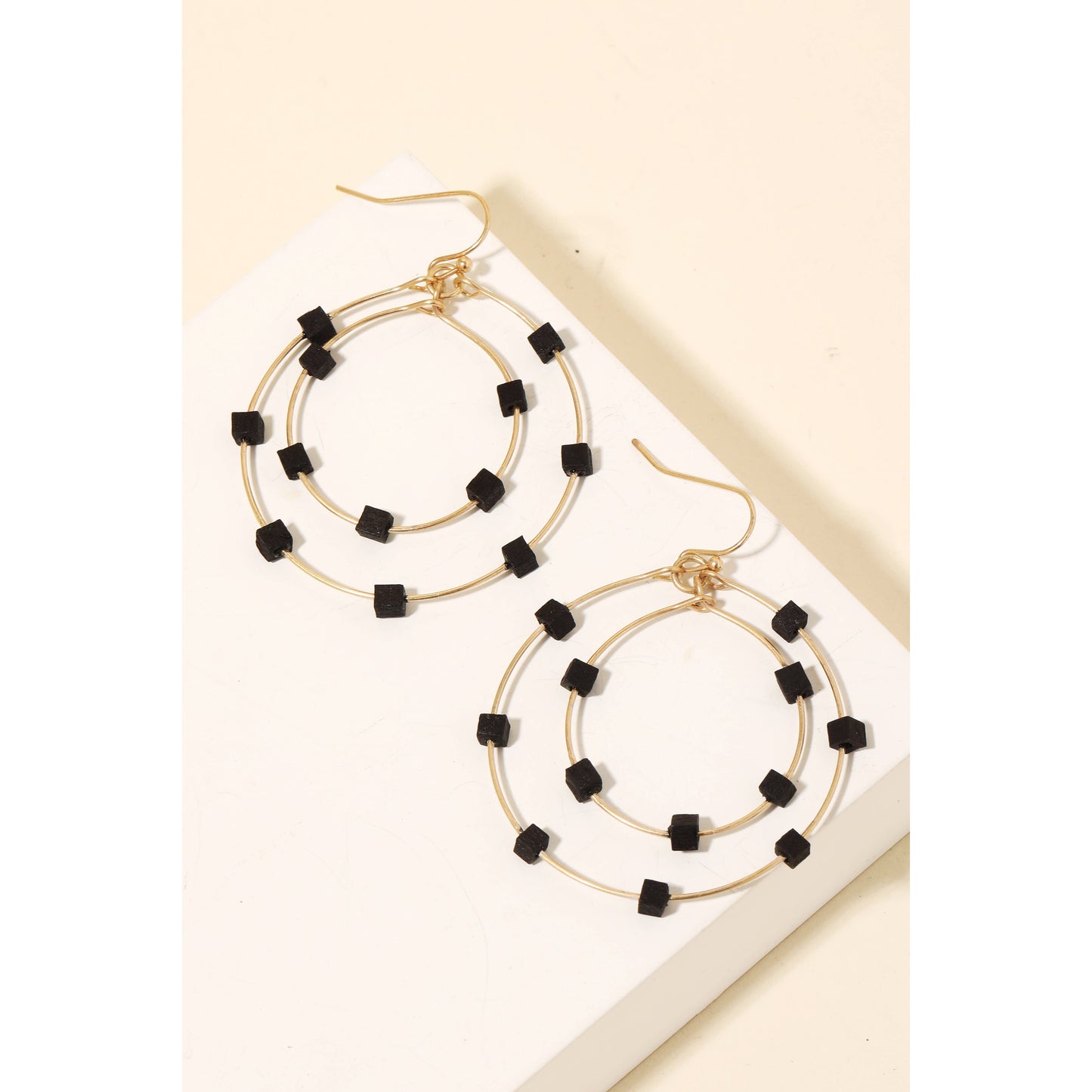 Wood Cube Bead Layered Hoop Drop Earrings