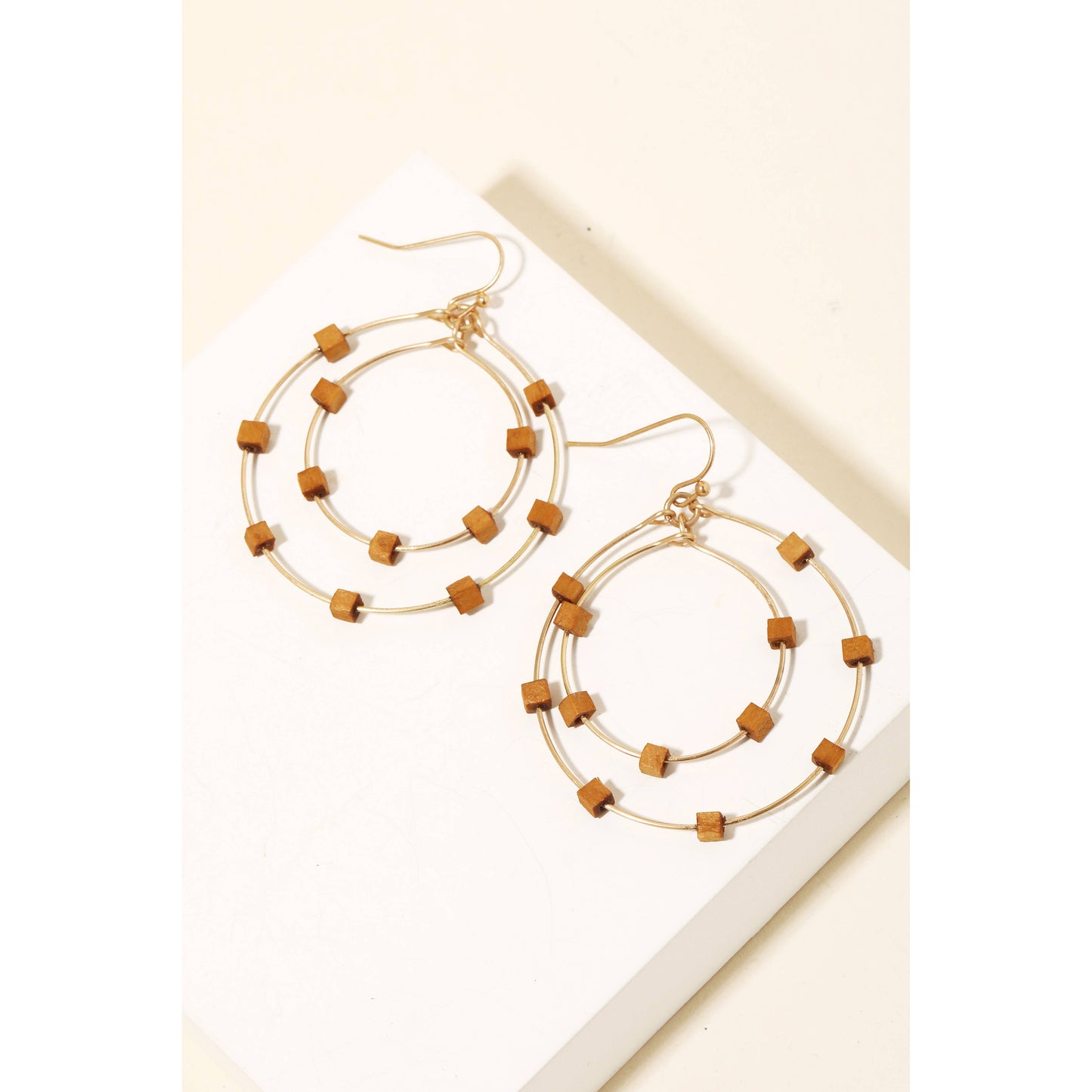 Wood Cube Bead Layered Hoop Drop Earrings